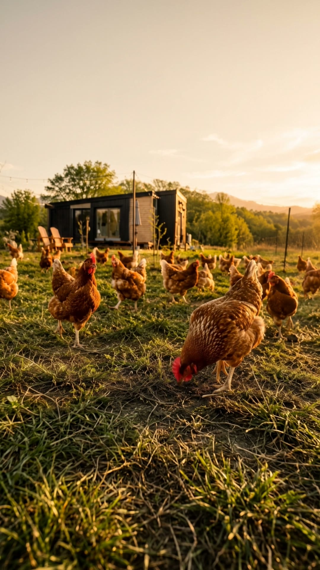 Galline sull'erba davanti a una piccola casa scura, con il sole basso