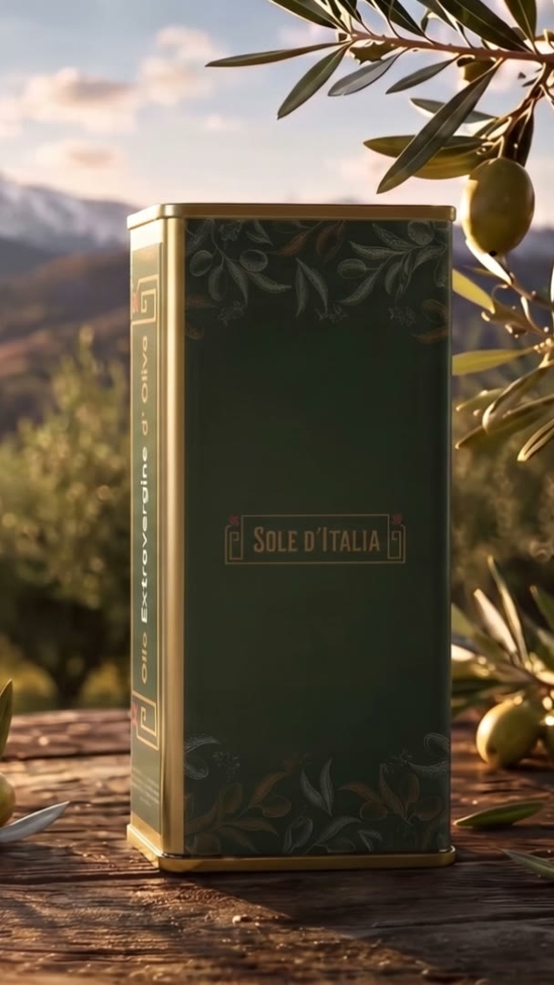 Latta di olio extravergine Sole D'Italia su un tavolo, tra rami d'ulivo